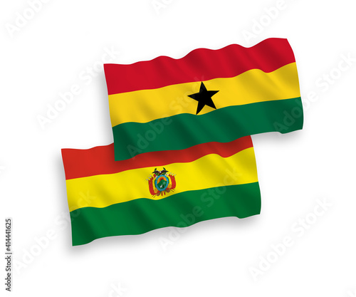 National vector fabric wave flags of Bolivia and Ghana isolated on white background. 1 to 2 proportion.