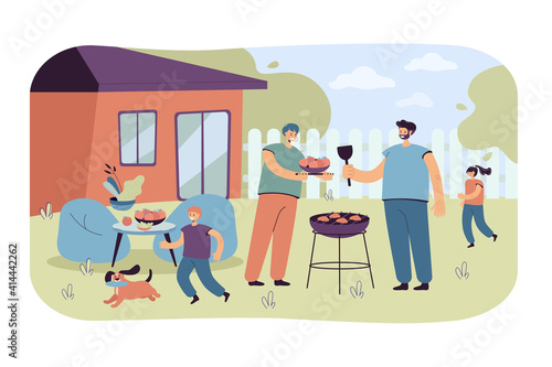 Family barbecue dinner. Mother, father and kid with dog grilling bbq meat in garden. Vector illustration for eating outdoors, backyard, house concept