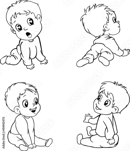 Sitting, playing and crawling cartoon smiling infant baby vector illustration. Babies character In cartoon style clipart Isolated on white background. Set with cute little babies in different activity
