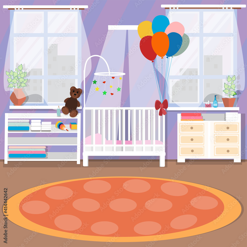 Room for the baby. Graphic drawing. Cartoon style. The room has a cot, changing table, shelf for clothes, toys, balloons. Can be used for web design. Room for the baby. Graphic drawing. Cartoon style. The room has a cot, changing table, shelf for clothes, toys, balloons. Can be used for web design.