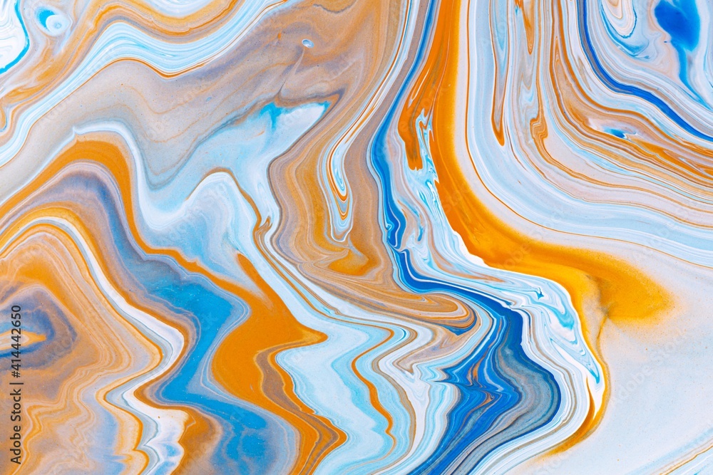 Fluid art texture. Backdrop with abstract mixing paint effect. Liquid acrylic artwork with artistic mixed paints. Can be used for baner or wallpaper. Blue, orange and white overflowing colors