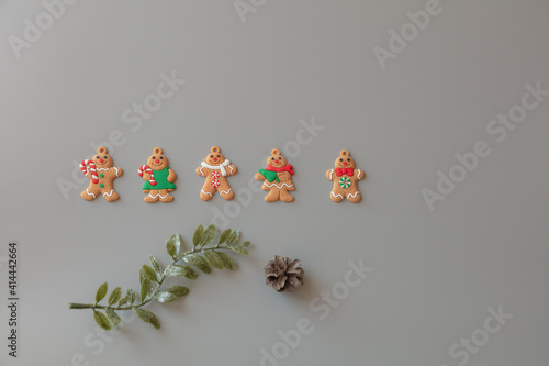 Gingerbread cookies, green sprig, cones on a gray background. Concept for christmas, new year 2022, winter. Have place for text