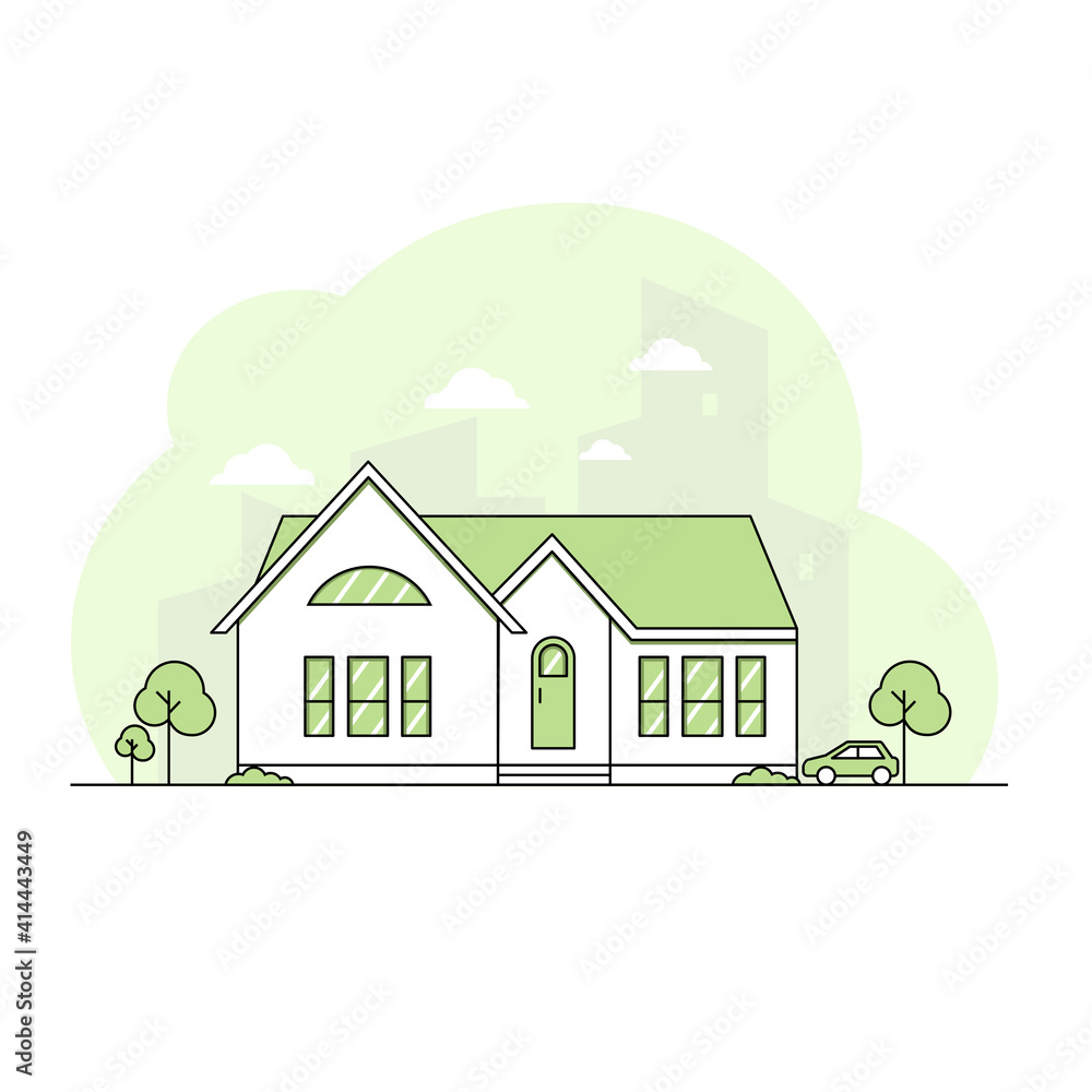 thin stroke line home with green color and trees, car, building, cloud thin stroke line home with green color and trees, car, building, cloud