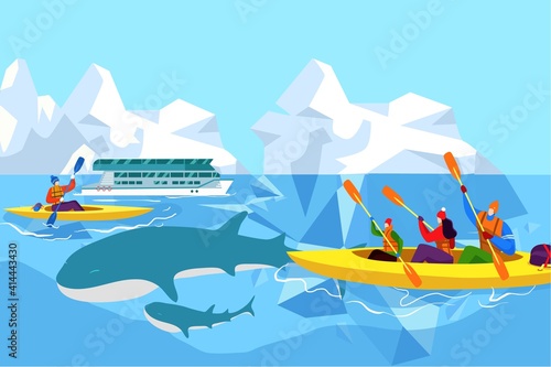 People in arctic look at blue whales, travel outdoors, ocean mammals, beautiful environment, cartoon style vector illustration. Men and women in kayaks swim on sea among icebergs, relaxation on nature
