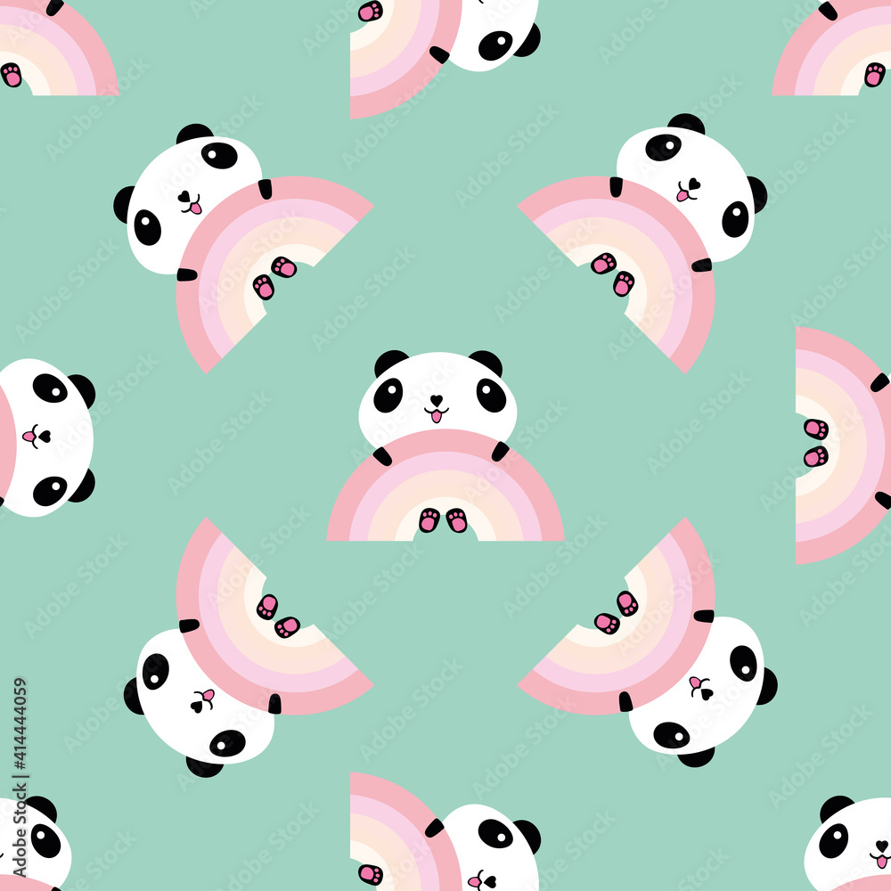 Kawaii panda rainbow seamless vector pattern background. Backdrop with cute black and white sitting cartoon bears holding on to pastel rainbows. Laughing and smiling animals. All over print for kids