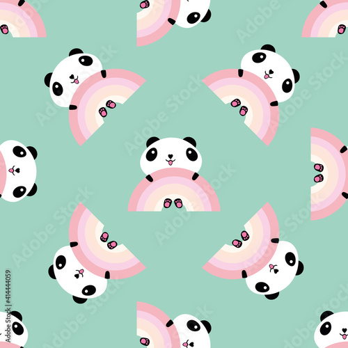 Kawaii panda rainbow seamless vector pattern background. Backdrop with cute black and white sitting cartoon bears holding on to pastel rainbows. Laughing and smiling animals. All over print for kids