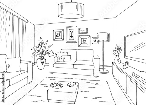 Living room graphic black white home interior sketch illustration vector 