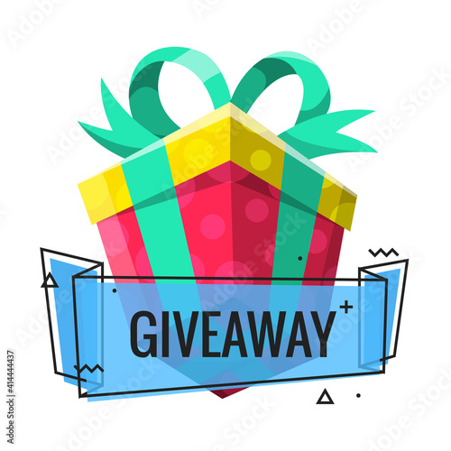 Giveaway winner present. Gift poster for social media post. Internet give away poster for bloggers prize announcement random quizes flyer leflet on white background photo