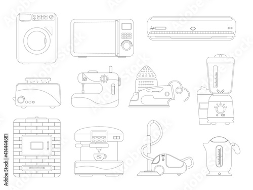 Contour set with electrical appliances and appliances for the kitchen and bathroom. Cleaning and cooking. Vector illustration in a flat style.