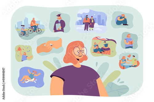 Positive woman remembering happy scenes of her life. Person thinking over her graduation, engagement, win, vacation and other important life memories from past. For psychology, personality concept