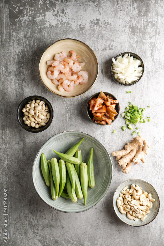 Caruru Ingredientes, traditional Afro-Brazilian dish made with okra and dried shrimp, tomatoes., cashews and peanuts