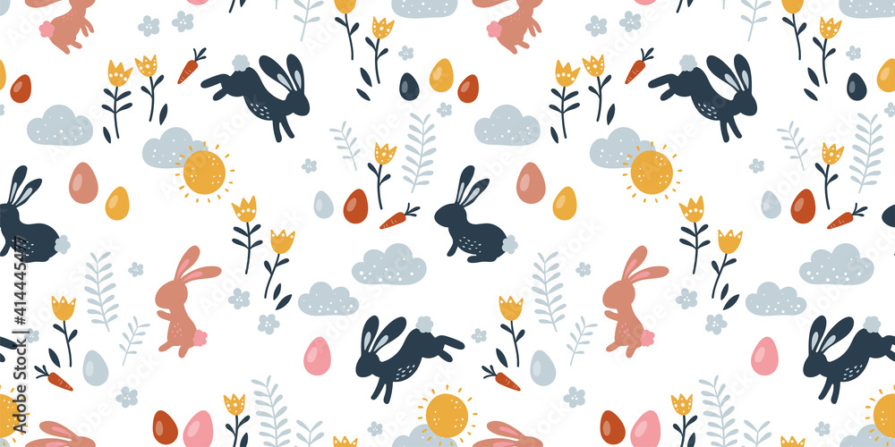 Lovely hand drawn Easter seamless pattern, doodle bunnies, eggs and flowers, great for banners, wallpapers, wrapping, textiles - vector design