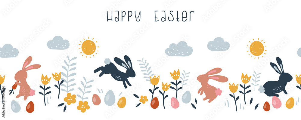 Lovely hand drawn Easter horizontal seamless pattern, doodle bunnies, eggs and flowers, great for banners, wallpapers, wrapping, textiles - vector design - obrazy, fototapety, plakaty 