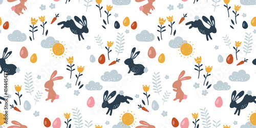 Schönes handgezeichnetes nahtloses Ostermuster, Doodle-Hasen, Eier und Blumen, ideal für Banner, Tapeten, Verpackungen, Textilien - Vektordesign