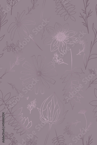 A silky floral pattern in soft purple shades. Seamless hand-drawn lines of flowers, stems, leaves