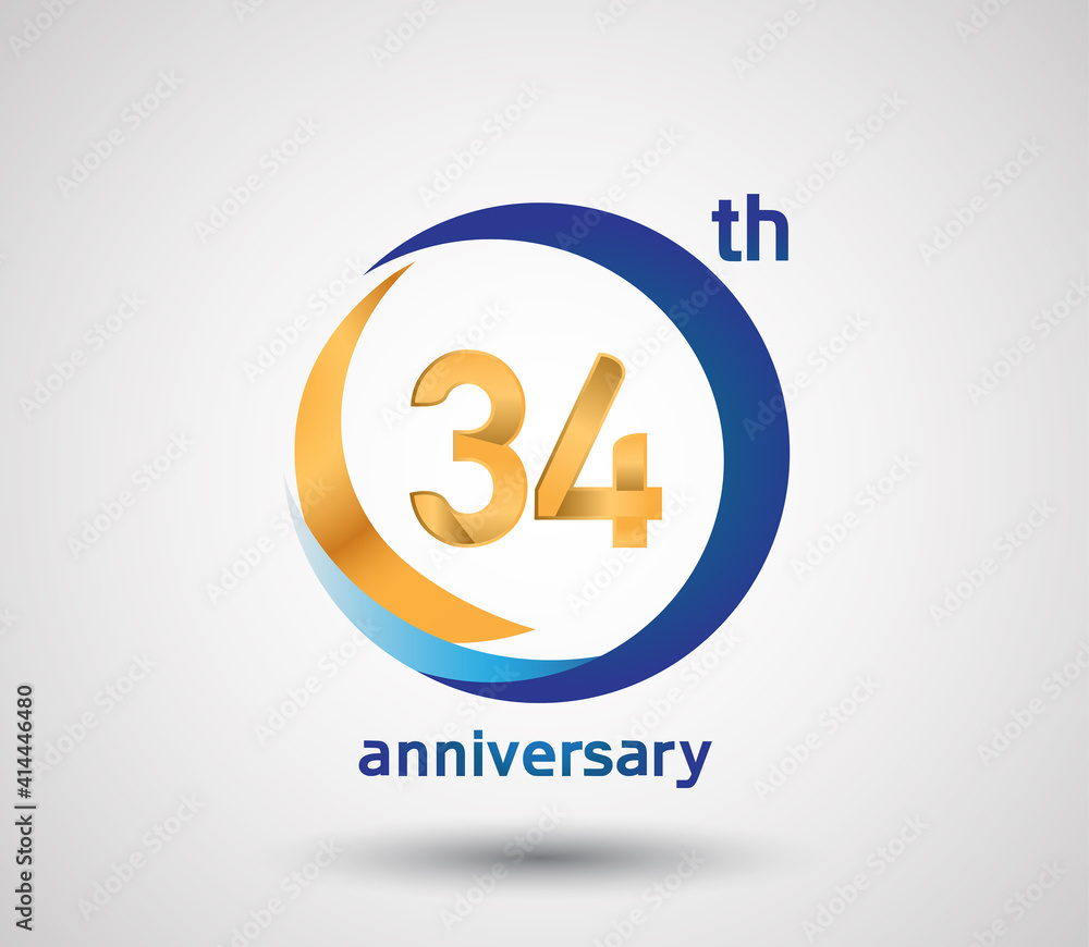 Obraz premium 34 anniversary design with blue and golden circle isolated on white background can be use for invitation and special celebration moment