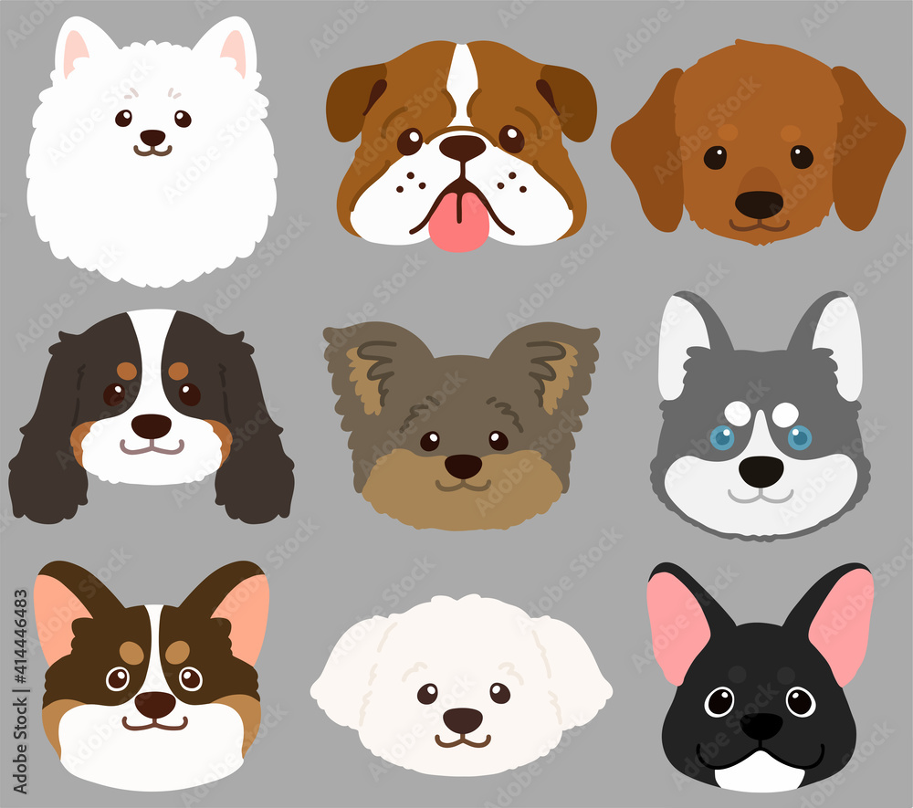 Set of flat colored cute and simple dog heads Set of flat colored cute and simple dog heads