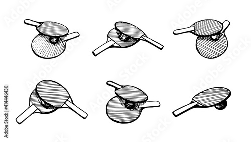 Ping-pong rackets and ball hand drawn outline sketch icon set. Table tennis equipment. Ping pong game paddles logo concept. Vector black ink doodle isolated illustration on white background