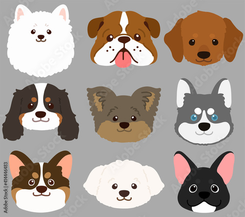Set of flat colored cute and simple dog heads