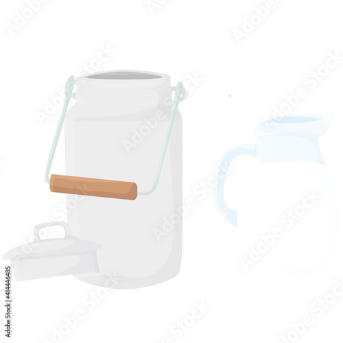a can and a jug of milk. utensils for transporting milk. dairy products concept. vector flat. isolated.