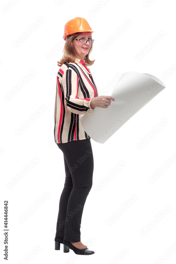 side view. smiling woman architect reading a drawing side view. smiling woman architect reading a drawing