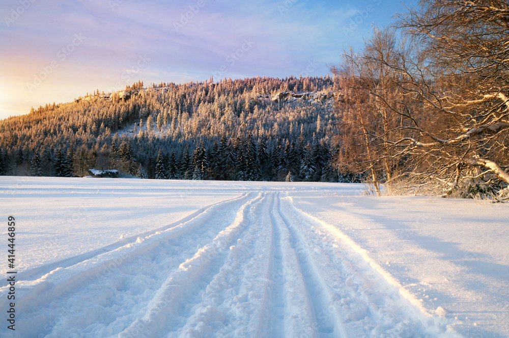 Obraz premium Cross country skiing. A magical start to a new day in the meadows of the Stolowe Mountains National Park in Poland. A wonderful sunrise in a wild land.