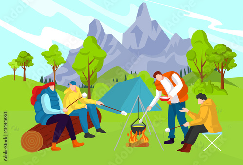 Beautiful nature, interesting adventure, tourist camp, travel in forest near mountains, design cartoon style vector illustration. Cheerful outdoor picnic, men and women preparing lunch, bright bonfire