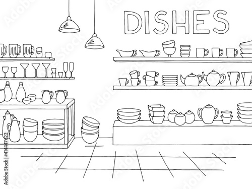 Dishes store shop interior black white graphic sketch illustration vector