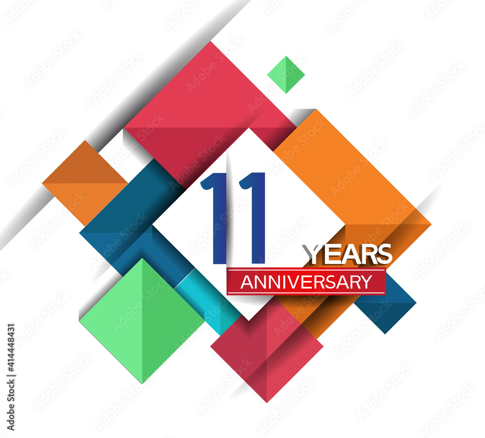 11 years anniversary design colorful square style isolated on white background can be use for invitation, party, and celebration event 11 years anniversary design colorful square style isolated on white background can be use for invitation, party, and celebration event