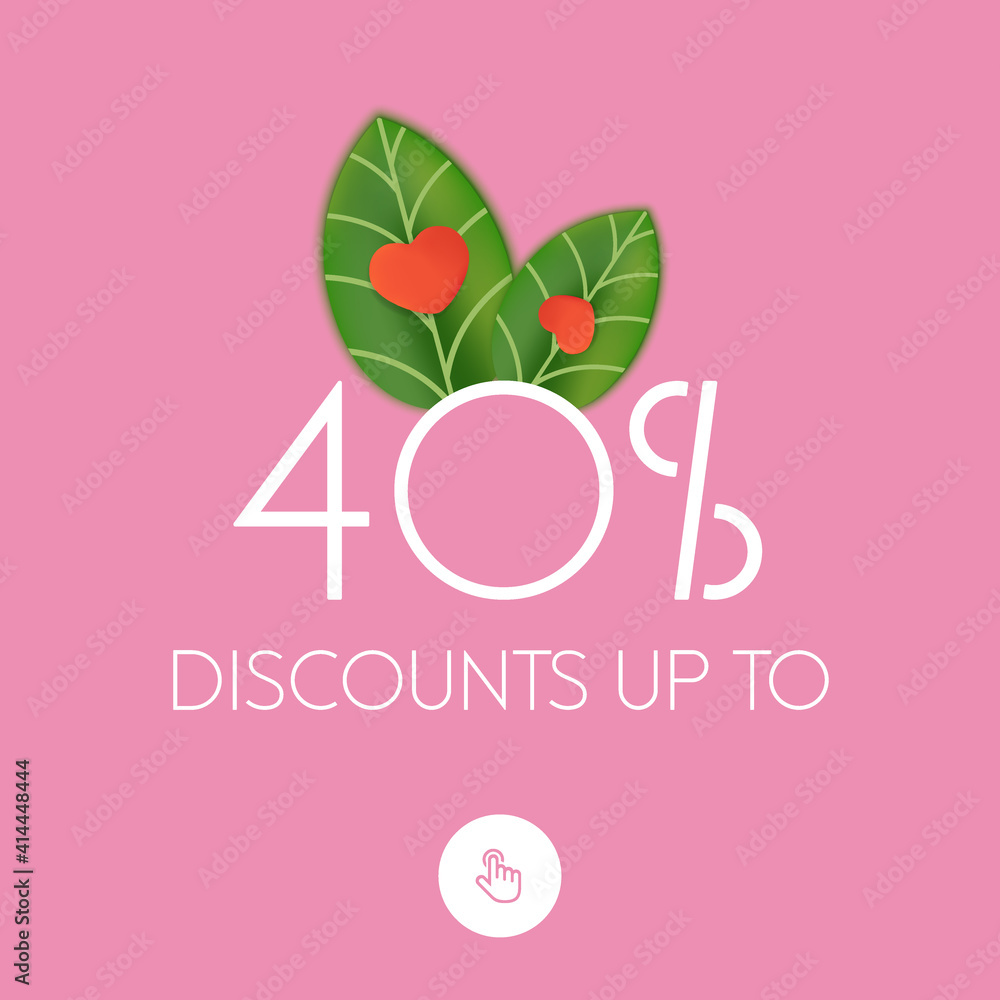 Festive spring poster design for the holiday in honor of women s Day. Discounts up to 40 , green leaves with hearts, on a light pink background. Suitable for sales, social networks, websites. Vector