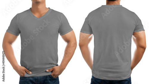 Grey casual t-shirt on men's body isolated, front and back.