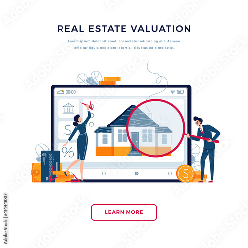 Real estate valuation banner. Inspectors are doing property appraisal of the house for fixing of value. Property valuation, assessment of the house, home appraisal concept. Flat vector illustration