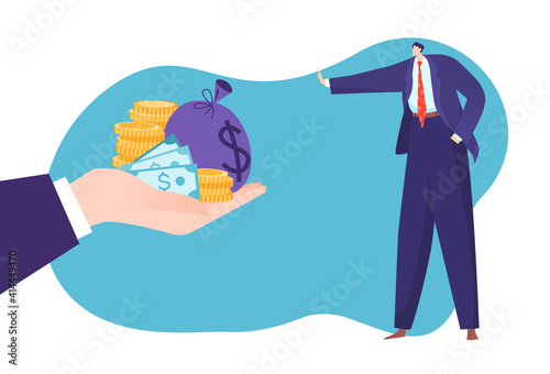 Concept struggle against corruption, illegal payment, lot cash, currency bribe in hand, design cartoon style vector illustration. large denomination banknote, man businessman says stop bribery.