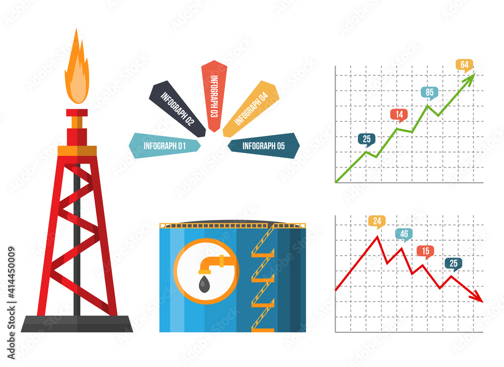 Oil rig. Petroleum elements. Process of oil production and petroleum refining. Fuel. Flat element for banner or infographic poster