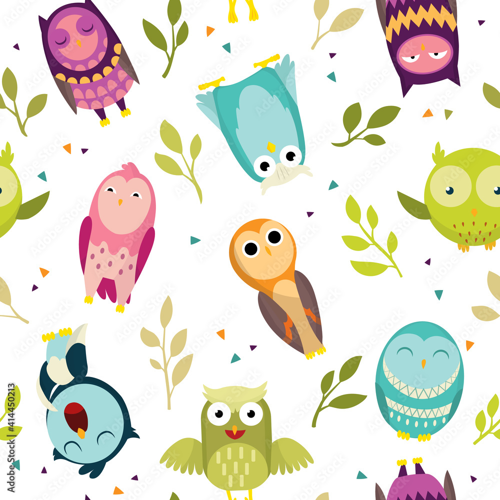 Seamless pattern with colorful owls. Cute funny forest bird. Decorative and style toy, doll. Happy and joyful bird in flat style. Isolated children cartoon illustration, for print