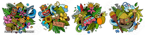 Hawaii cartoon vector doodle designs set.
