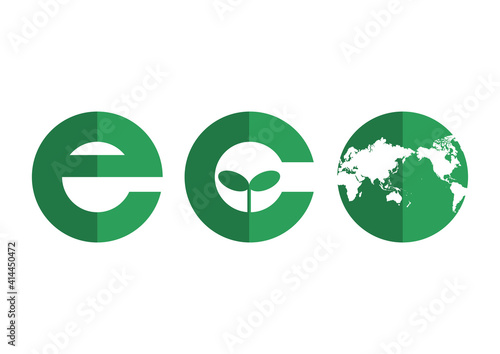 世界地図（日本中心）とエコロジーのロゴイラスト 