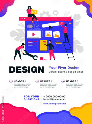 Digital marketing team constructing landing or home page. Tiny people painting units on webpage. Vector illustration for website designers, content managers, internet promotion concept