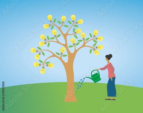 Woman giving water to light bulb tree. Conceptual image for leadership and cooworkers to create good environment for developing ideas or personality.  Vector illustration. EPS10.