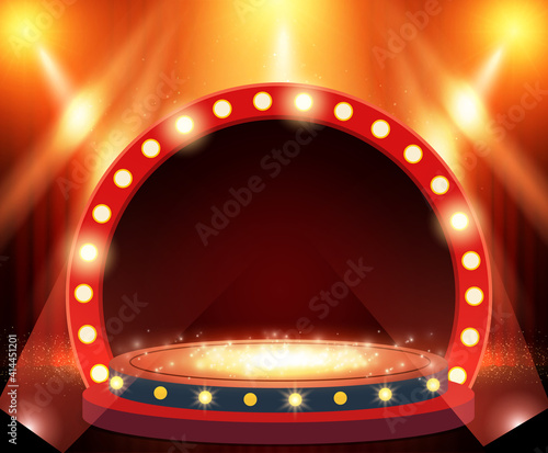 Background with red theatre curtain, retro arch banner and podium