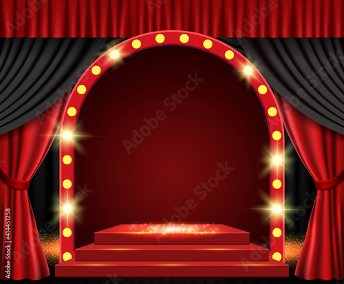 Background with red curtain, arch banner and spotlights. Design for presentation, concert, show