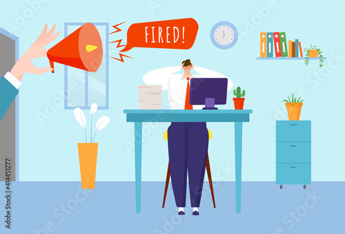 Employee job reduction concept, depressed worker, stressful office work, manager fired, design cartoon style vector illustration. Unemployment problem, tired guy works computer, loss business career.