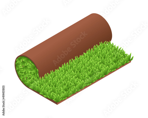 Isometric vector illustration green grass turf roll isolated on white background. Realistic carpet lawn grass icon in flat cartoon style. Artificial rolled green grass. Lawn roll with brown soil.