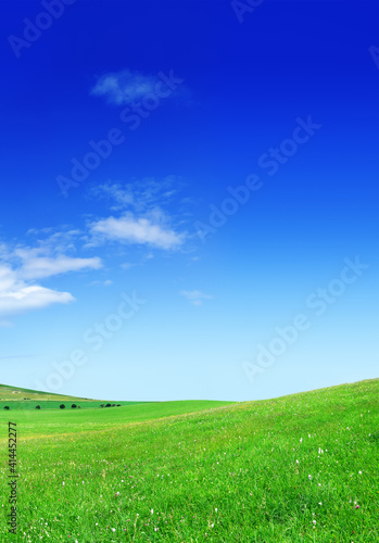 Idyllic view, green hills and blue sky with white clouds