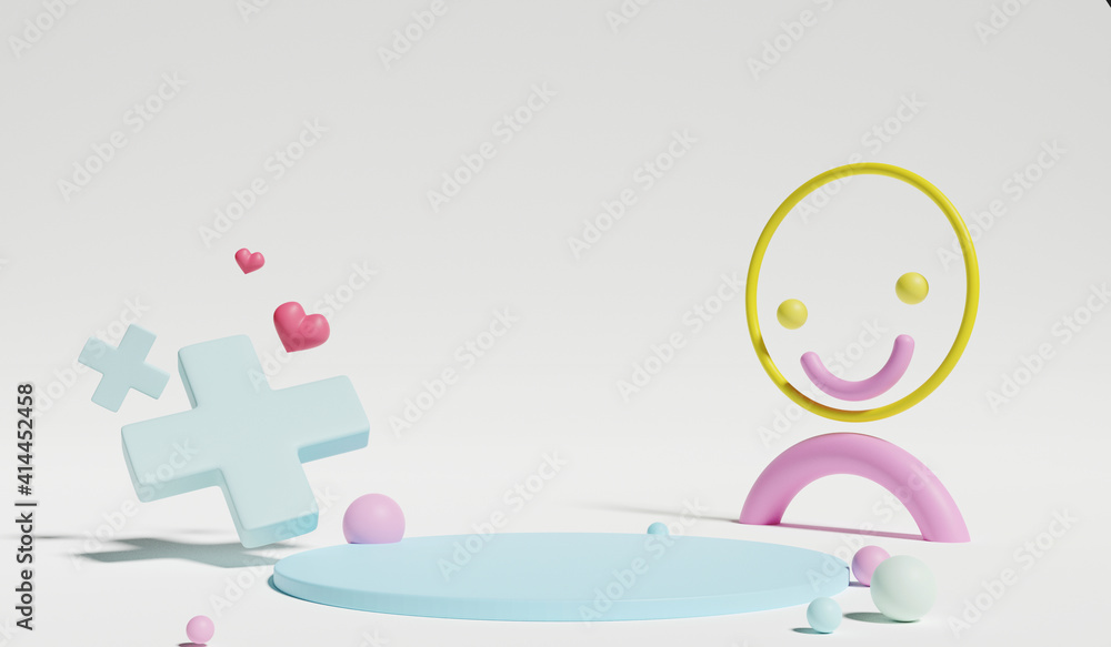 Stand and display pastel in the baby room interior. 3D rendering. Scene for advertising, Minimalist mockup for podium display or showcase. Stand and display pastel in the baby room interior. 3D rendering. Scene for advertising, Minimalist mockup for podium display or showcase.