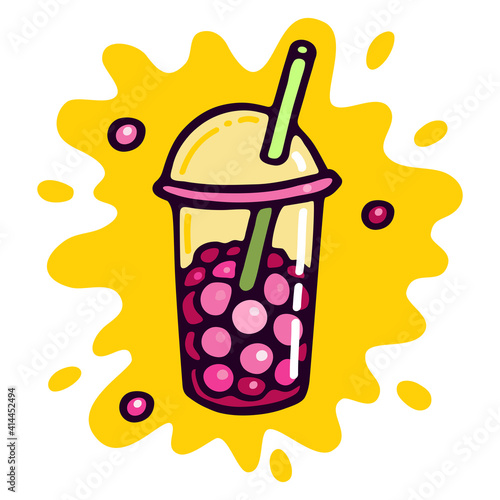 Bubble Tea Boba Tea Plastic Cup Vector Illustration. Doodle Cartoon-style mascot. Splash yellow background for banners, stickers, postcards, logo