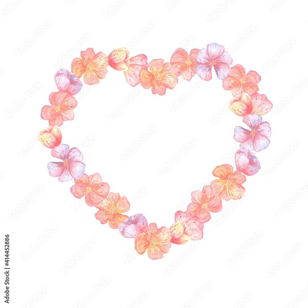 illustration of a watercolor frame in the shape of a heart from flowers in pastel colors orange,turquoise,purple. for the holiday of saint valentine,birthday,mother's day.for postcards