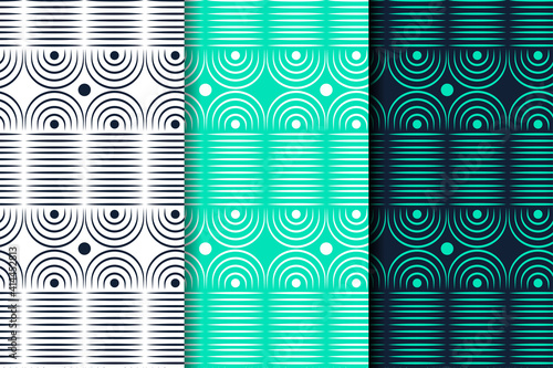 Set of Seamless vector geometric ,Circle outline and stripped line pattern. There are three colors background can be selected. white, bright and dark of blue.