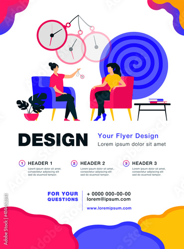 Trance effect on woman during session of hypnosis therapy isolated flat vector illustration. Abstract psychedelic whirlpool and chatelaine watch. Altered state of mind and unconsciousness concept