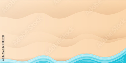 Top view summer beach background with golden sand and turquoise ocean waves. Vector summer beach party flyer or poster design template with tropical coast